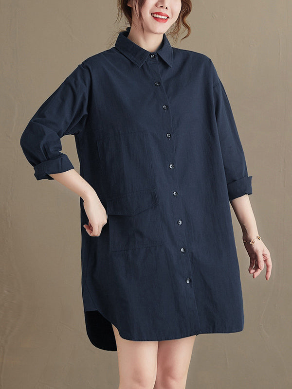 Simple Buttoned Lapel Collar Long Sleeves Blouse