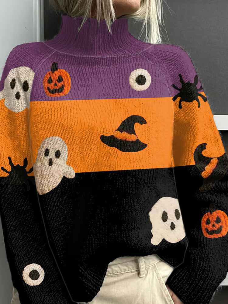 Women's Halloween Print Color Block Sweater artswardrobe