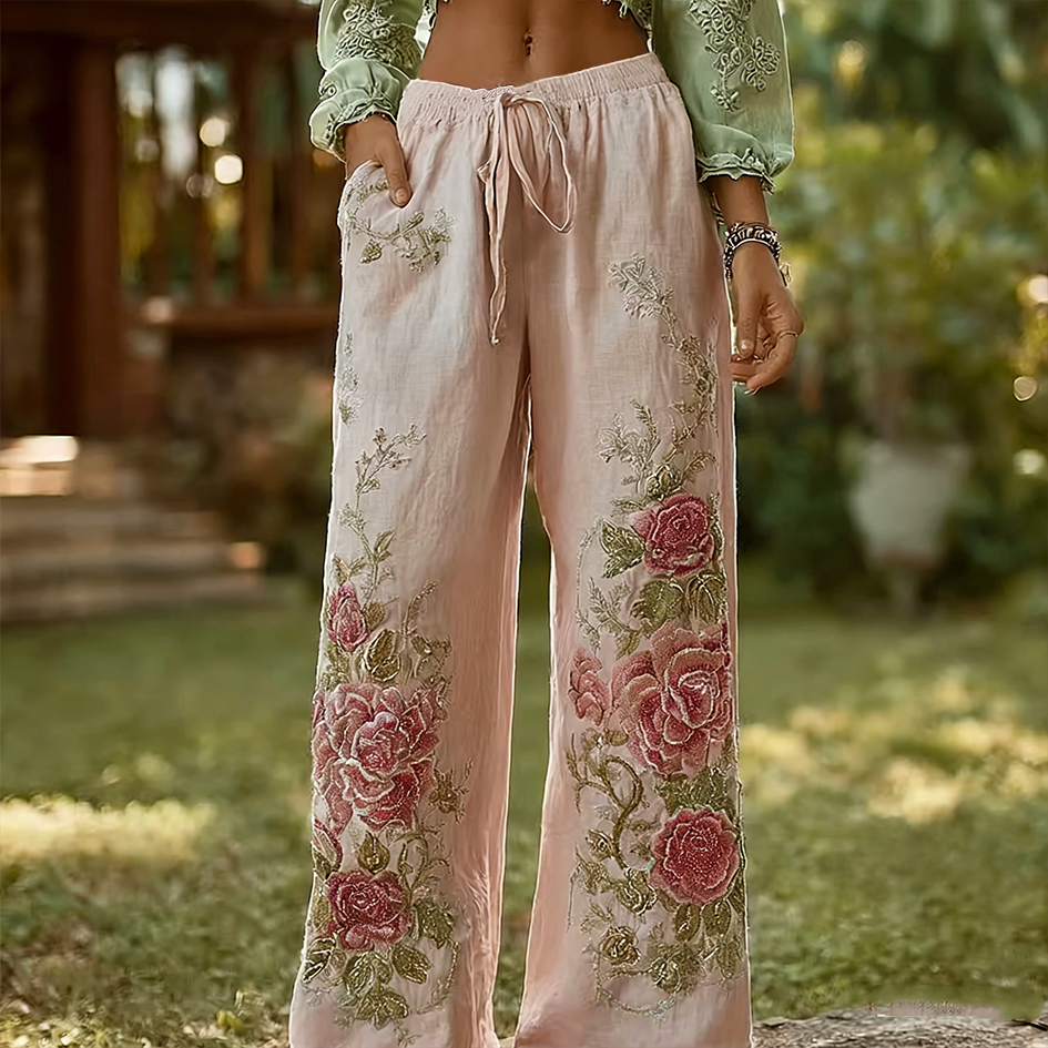 Bohemian Style Retro Pink Rose Casual Cotton And Linen Long Pants elevenforest