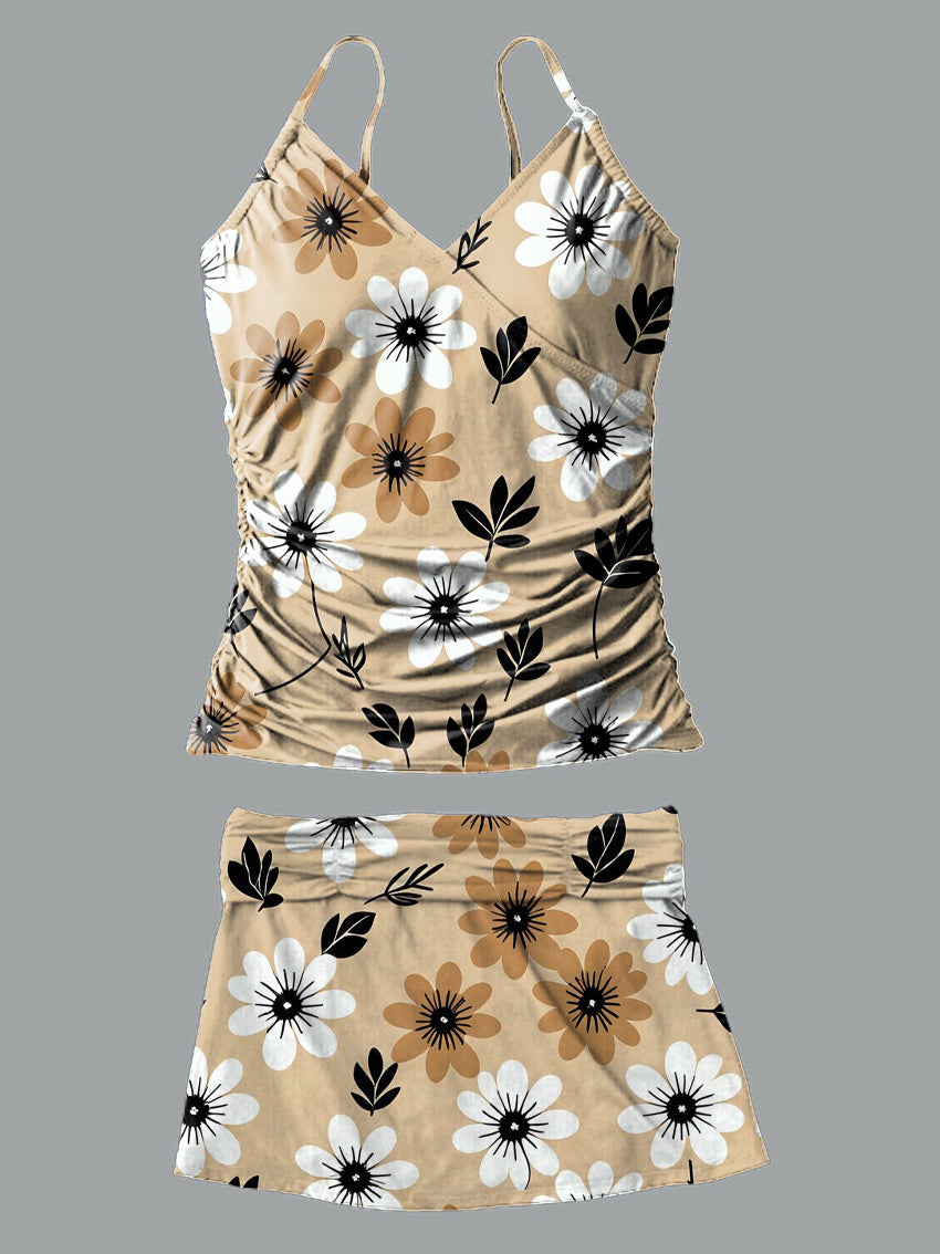 Retro Flower V-Neck Vintage Flowers Print Suspender Skirt Tankini Pantskirt Set Swimsuit