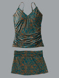 V-Neck Retro Foliage Symmetric Pattern Art Print Suspender Skirt Tankini Pantskirt Set Swimsuit