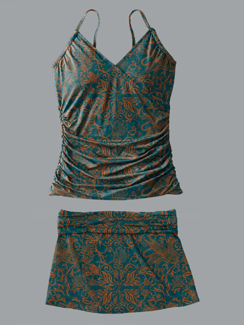 V-Neck Retro Foliage Symmetric Pattern Art Print Suspender Skirt Tankini Pantskirt Set Swimsuit