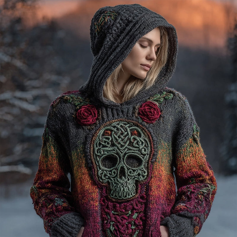 Vintage Red Roses Viking Celtic Skull Hooded Cozy Knit Sweater elevenforest