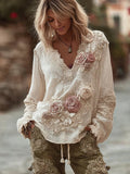 Women's Vintage Cotton And Linen Floral Long-sleeved Top elevenforest
