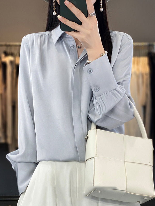 Long Sleeves Loose Buttoned Pleated Color Lapel Blouses&shirts Tops