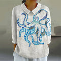 Comstylish Women's Vintage Abstract Fish Octopus Art Print Casual Cotton And Linen 3/4 Sleeve Shirt