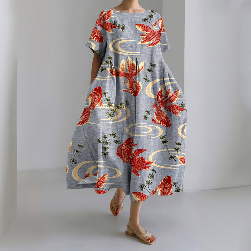 Comstylish Women's Japanese Red Goldfish Print Linen Dress