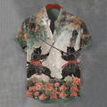 Men's Retro Two Japanese Black Cat Warriors Fighting Art Casual Short Sleeve Shirts elevenforest