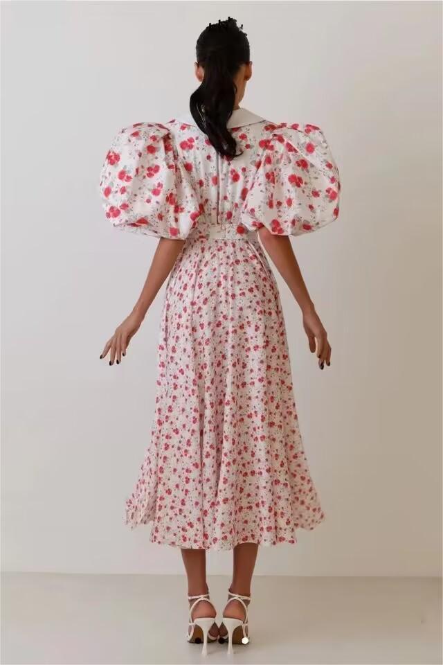 Puff Sleeves V-neck Tapered Waist Midi Dress
