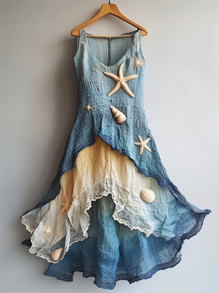 Starfish & Sea Shells Embroidered Sea Waves Layered Flowy Linen Dress elevenforest
