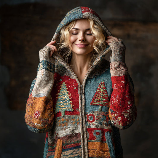 Vintage Christmas Tree Patchwork Women's Knit Hooded Zipper Sweater artswardrobe