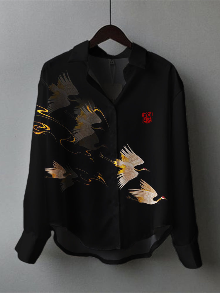 Cranes Glitter Japanese Art Flowy Blouse elevenforest