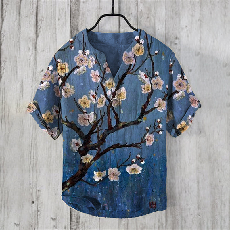 Men's Vintage Japanese Art Plum Blossom Casual Linen Blend Shirt elevenforest