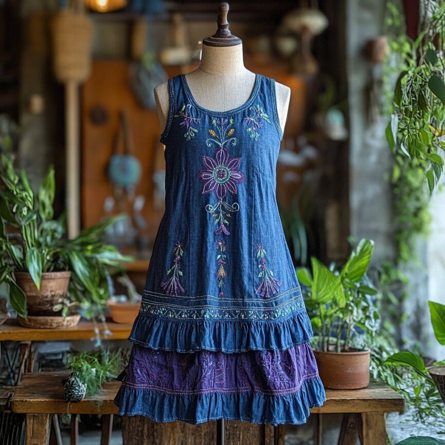 Vintage Bohemian Floral Embroidery Linen Mini Dress elevenforest