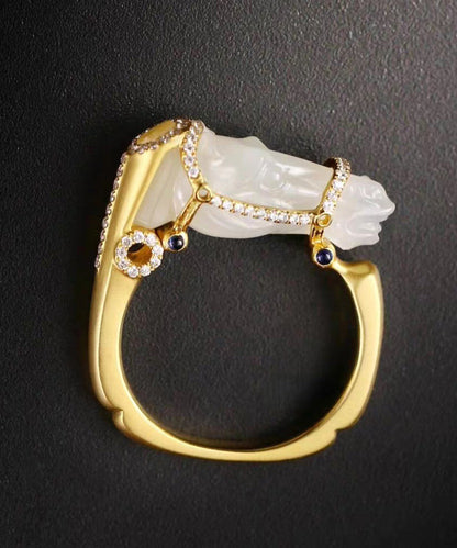 Gold Horse Head Jade Zircon 14k Gold Rings