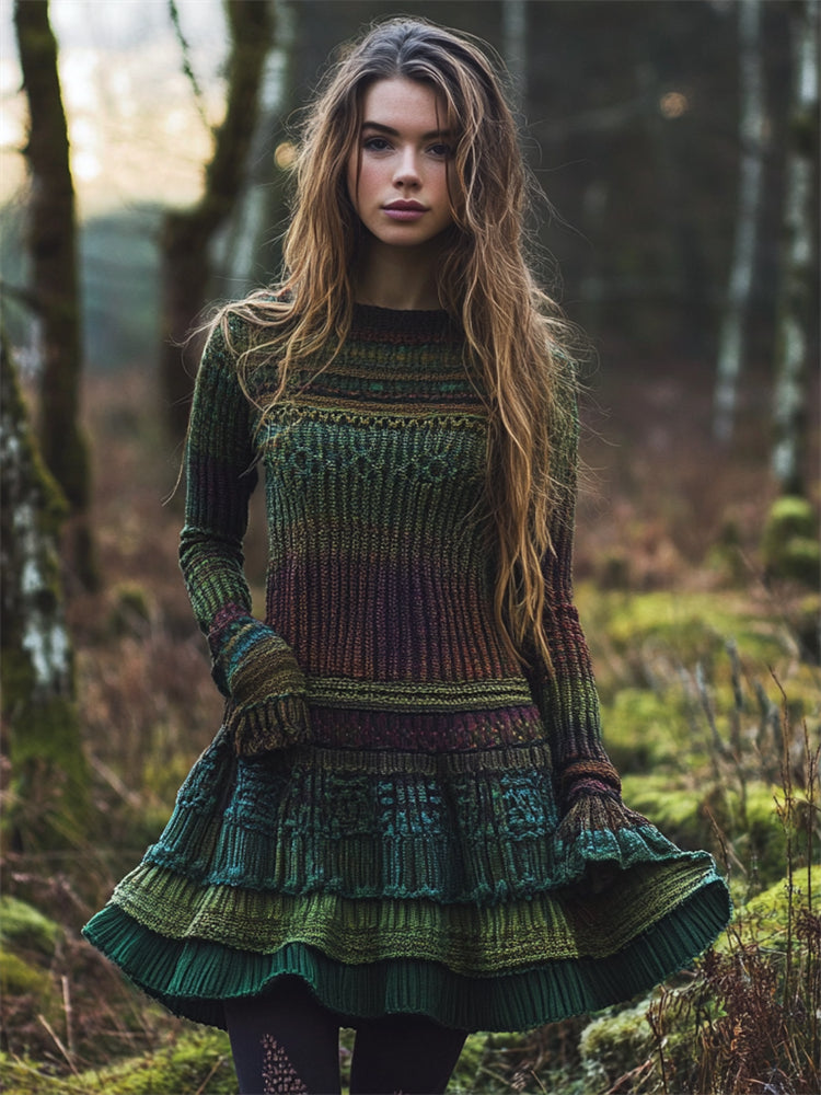 Colorful Layered Patchwork Cozy Knit Flare Sweater Midi Dress elevenforest