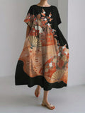Fans & Cherry Blossom Floral Japanese Art Linen Blend Maxi Dress elevenforest