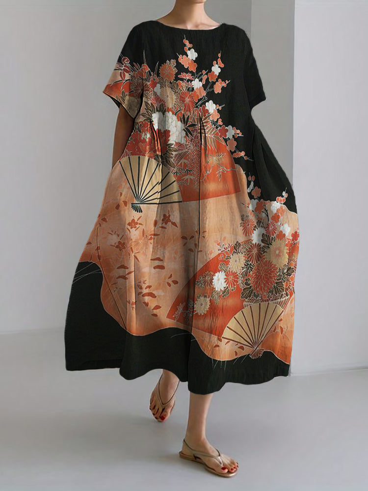 Fans & Cherry Blossom Floral Japanese Art Linen Blend Maxi Dress elevenforest