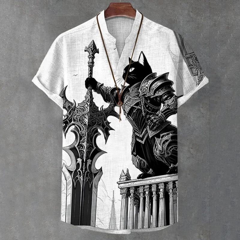 Men's Retro Cat Warrior Art Print Half Button Shirt elevenforest