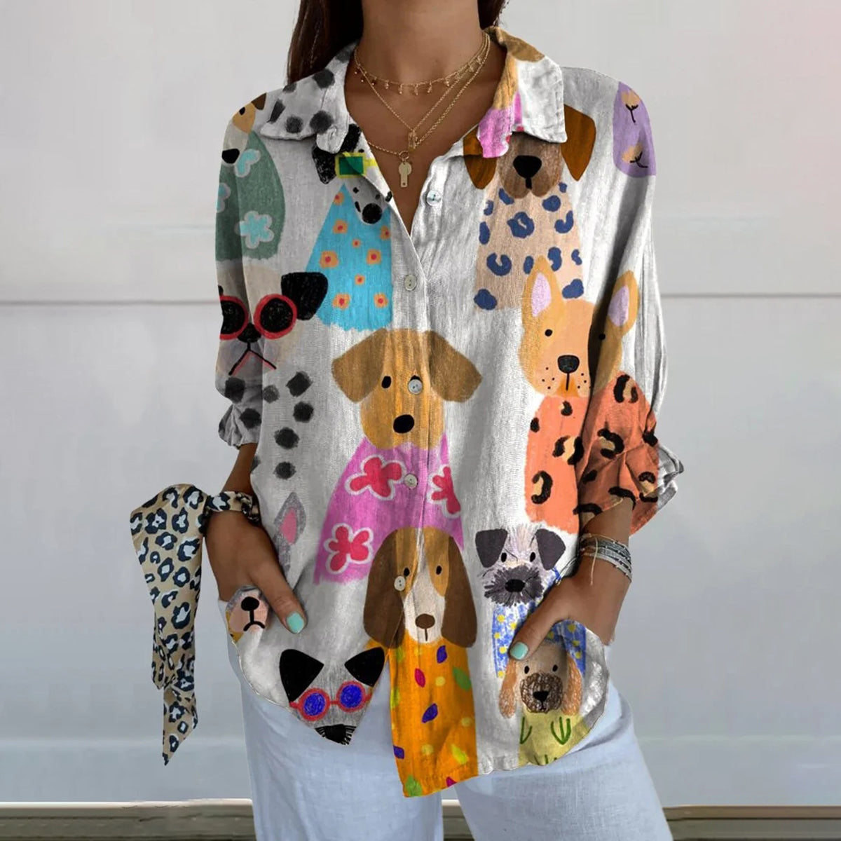 Comstylish Women's Colorful Puppy Long Sleeve Casual Shirt
