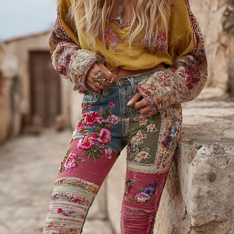 Women's Bohemian Floral Embroidery Patchwork Art Jeans elevenforest