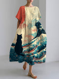 Comstylish Women's Casual Japanese Art Black Cat Print Dress