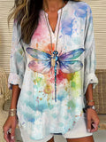 Comstylish Women's Casual Watercolor Dragonfly Cotton Blend Print T-shirt3