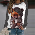 Women's Fox Coffee Print Round Neck Cozy Knit Sweater artswardrobe