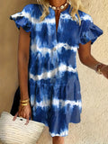 Retro Tie-Dye Stripes Ruffled Short-sleeved V-neck Buttoned Dress Vacation Beach Dress