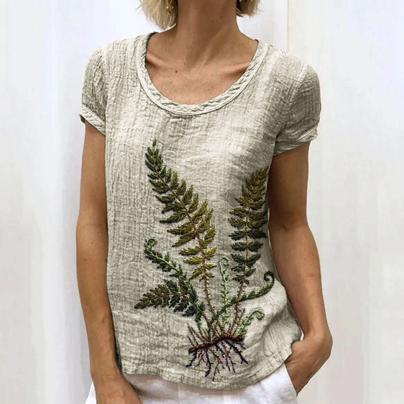 Comstylish Vintage Forest Fern Embroidered Linen Shirt