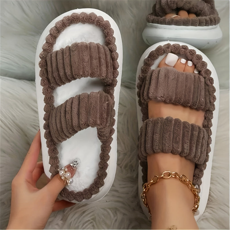 Double Straps Plush Slippers Ht0147