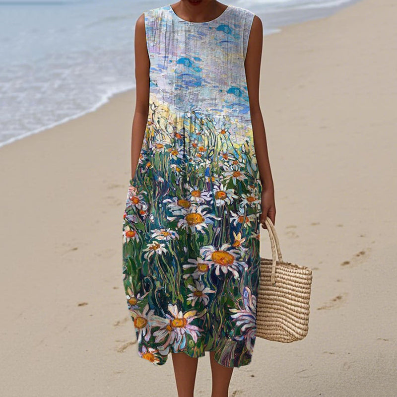 Women's Retro Oil Painting Casual Midi Dress elevenforest