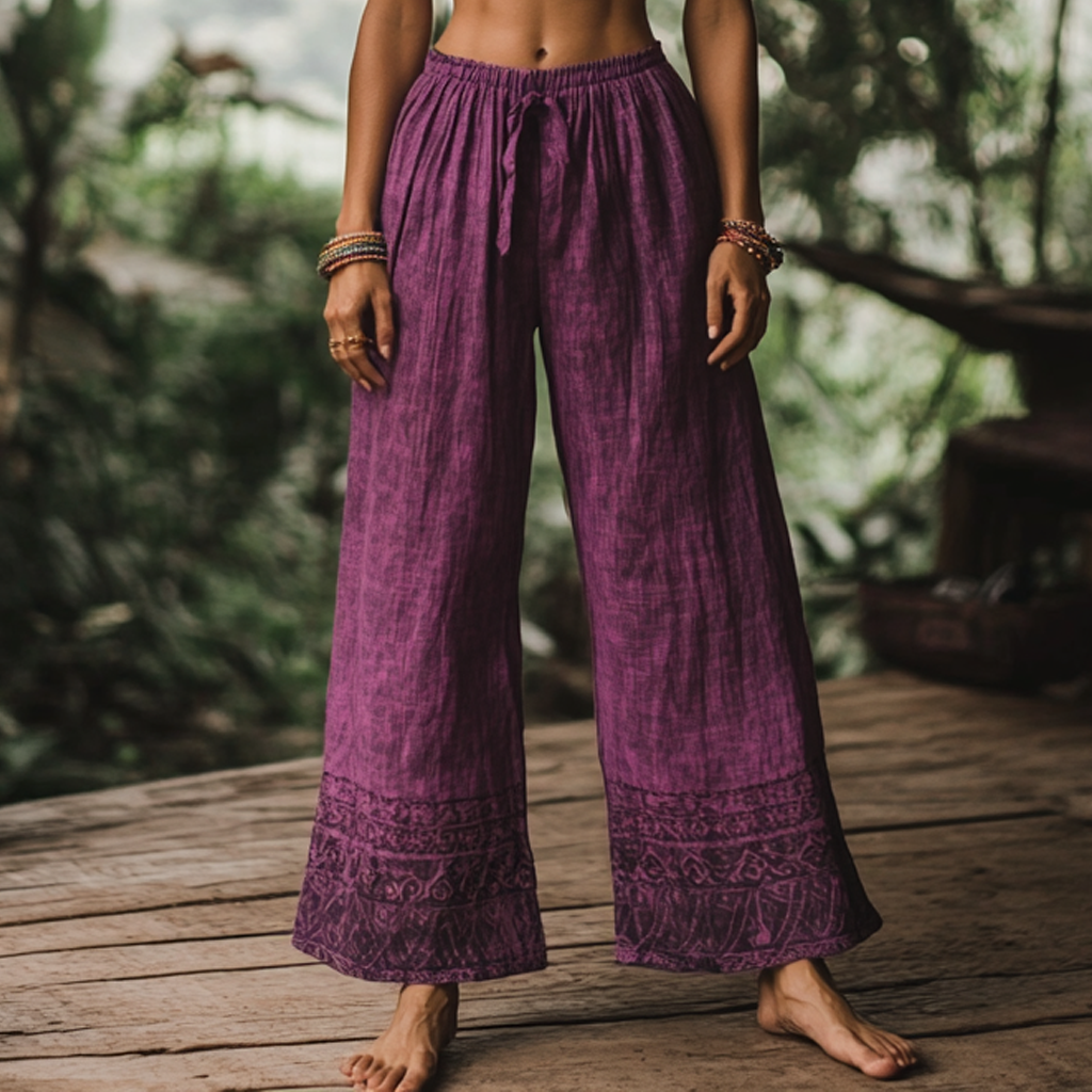 Bohemian Holiday Style Linen Bohemian Floral Print Linen Long Loose Wide-leg Pants elevenforest