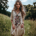 Slavic Folk Floral Embroidered Contrast Flowy Linen Maxi Dress elevenforest