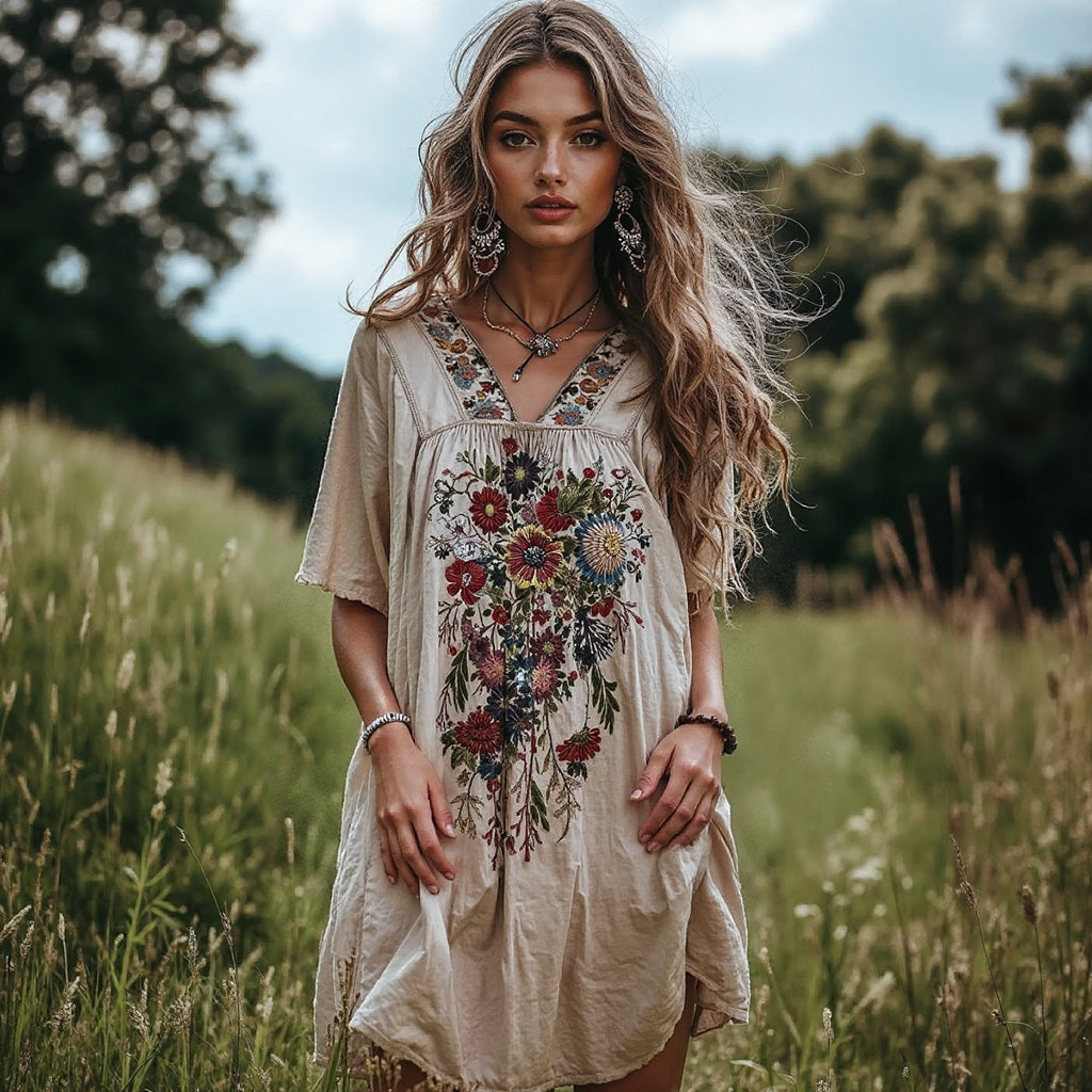Slavic Folk Floral Embroidered Contrast Flowy Linen Maxi Dress elevenforest