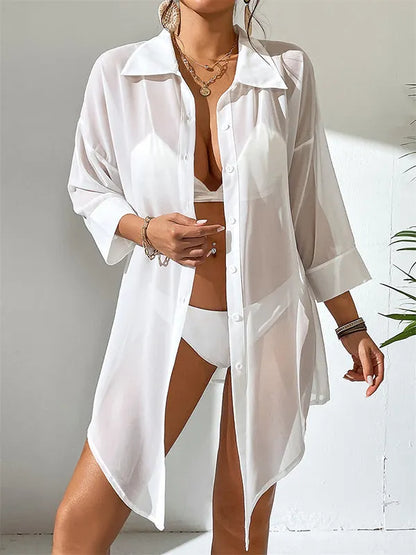 Loose Three-quarter Sleeves Buttoned See-through Color Split-joint Lapel Blouses&shirts Tops