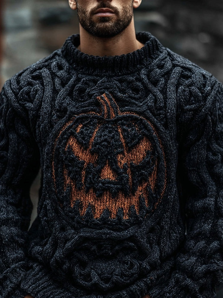 Men's Spooky Pumpkin Face Halloween Chunky Knit Sweater artswardrobe