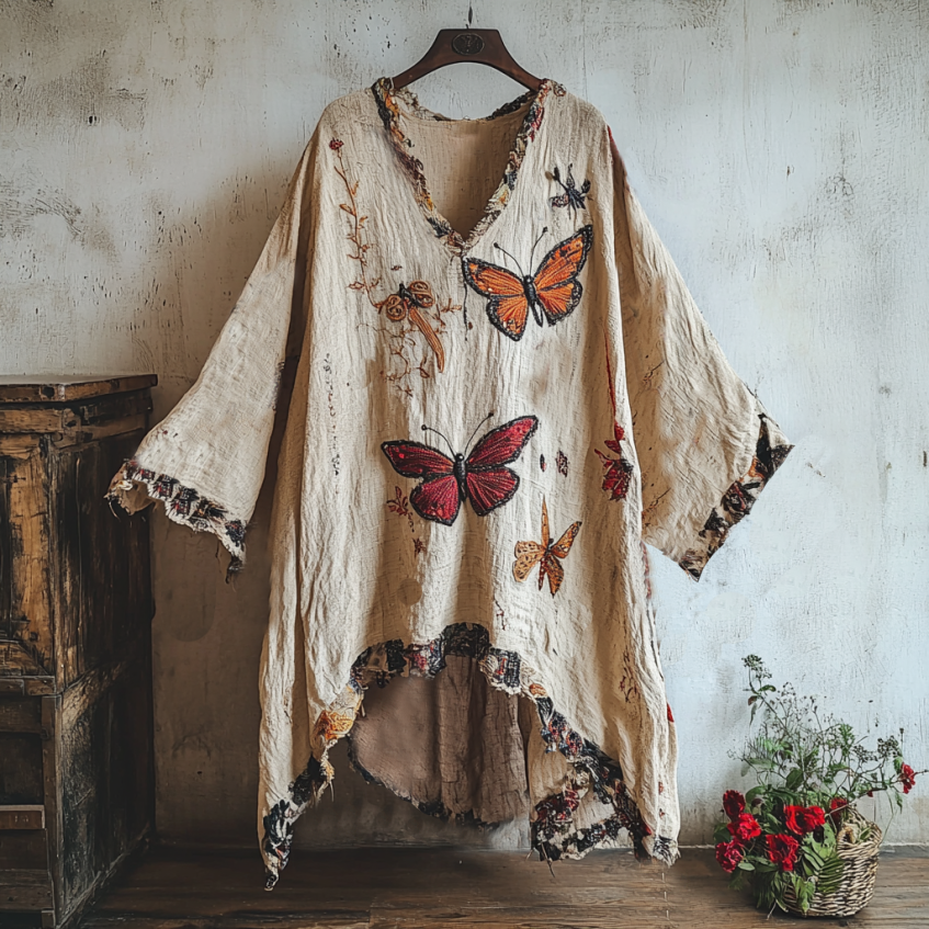 Comstylish Women's Butterfly And Dragonfly Embroidery Linen Art Floral Linen V-neck Shirt