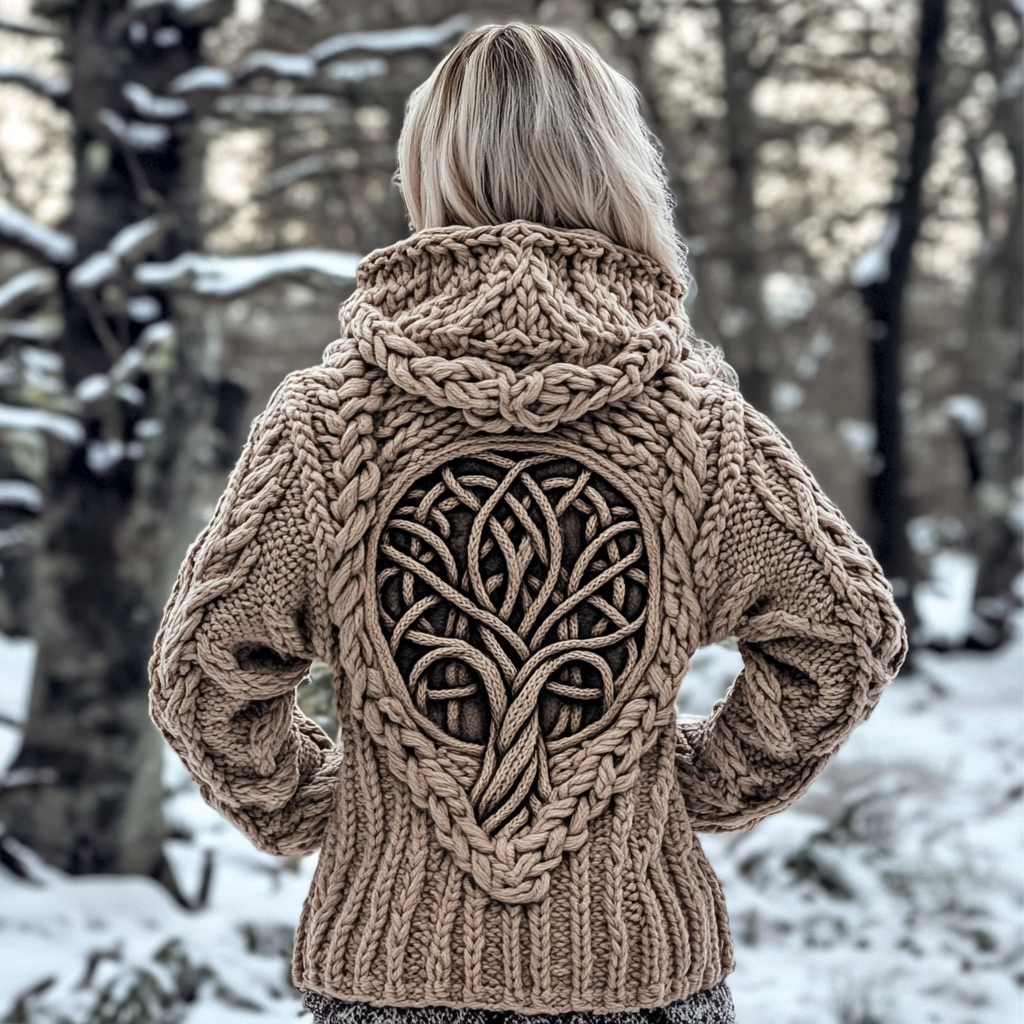 Women's Viking Tribal Runes Life Of Tree Chunky Knit Cozy Hooded Sweater elevenforest
