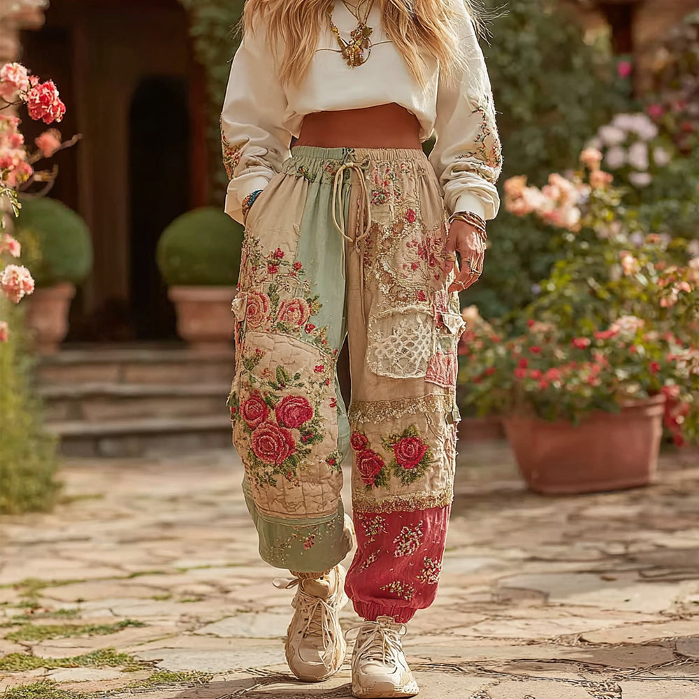 Women's Vintage Floral Patchwork Art Casual Sweatpants