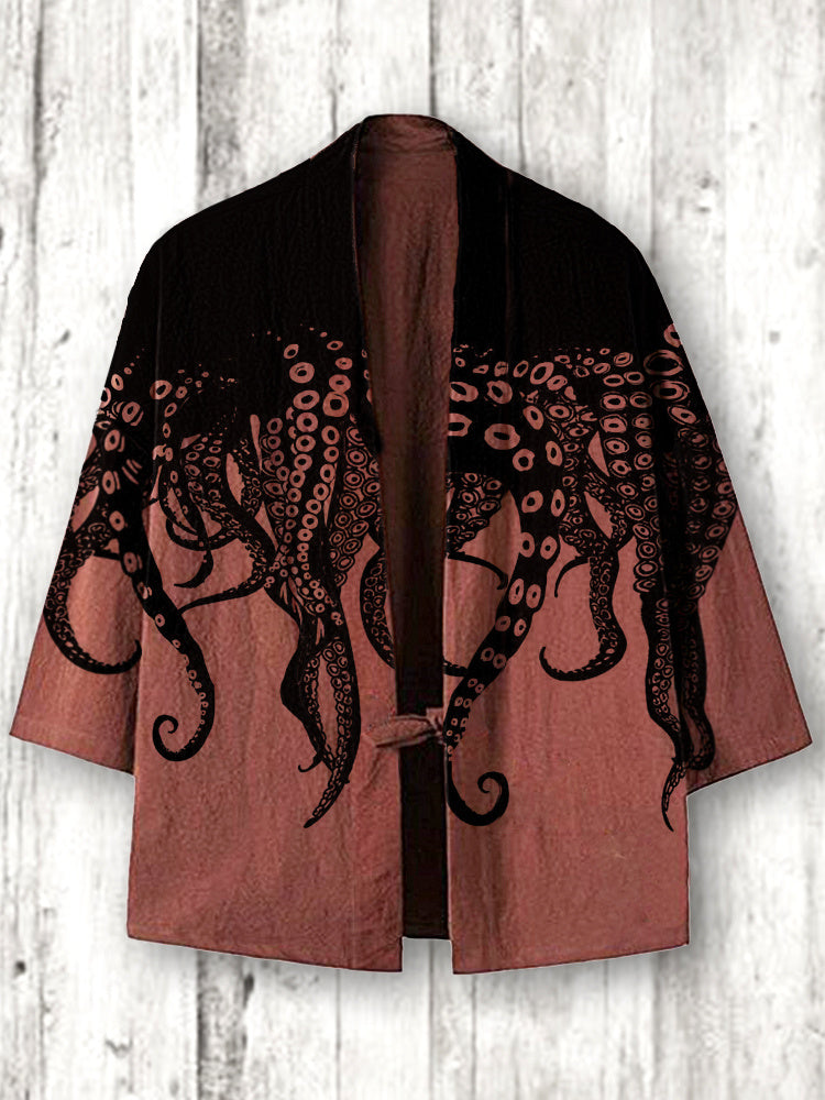 Ocean Octopus Japanese Art Linen Blend Kimono Cardigan elevenforest
