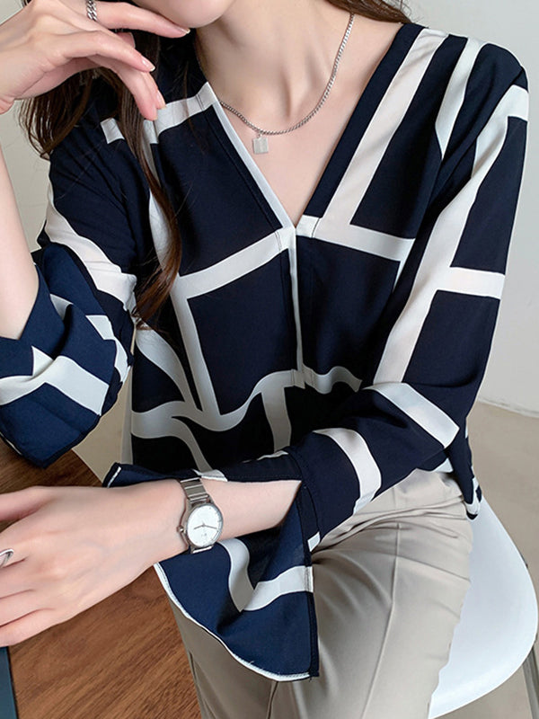 Flared Sleeves Long Sleeves Printed V-neck Blouses&shirts Tops