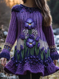 Purple Iris Embroidered Crew Neck Cozy Knit Flare Sweater Dress elevenforest