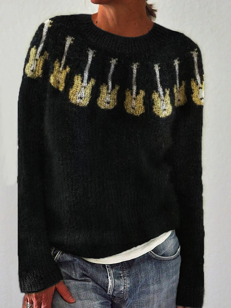 Music Lover Guitars Yoke Pattern Cozy Knit Sweater elevenforest