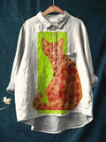 Vintage Funny Cat Art Print Casual Cotton And Linen Shirt