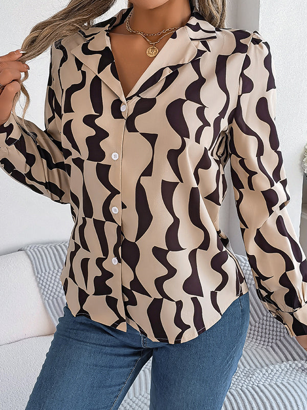 Long Sleeves Buttoned Contrast Color Notched Collar Blouses&shirts Tops