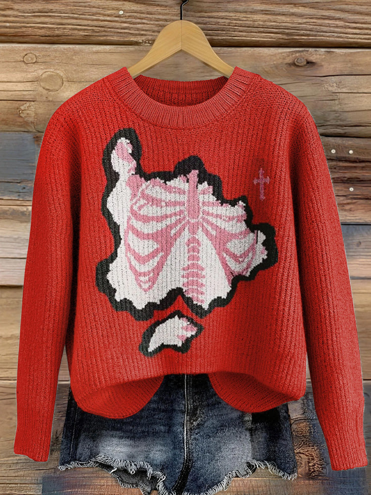 Women's Halloween Skull Print Crew Neck Sweater artswardrobe