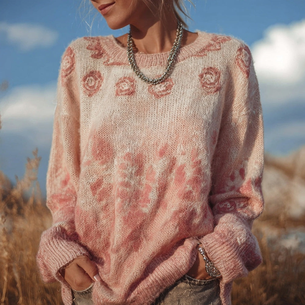 Vintage Boho Roses Pattern Round Neck Cozy Knit Sweater elevenforest
