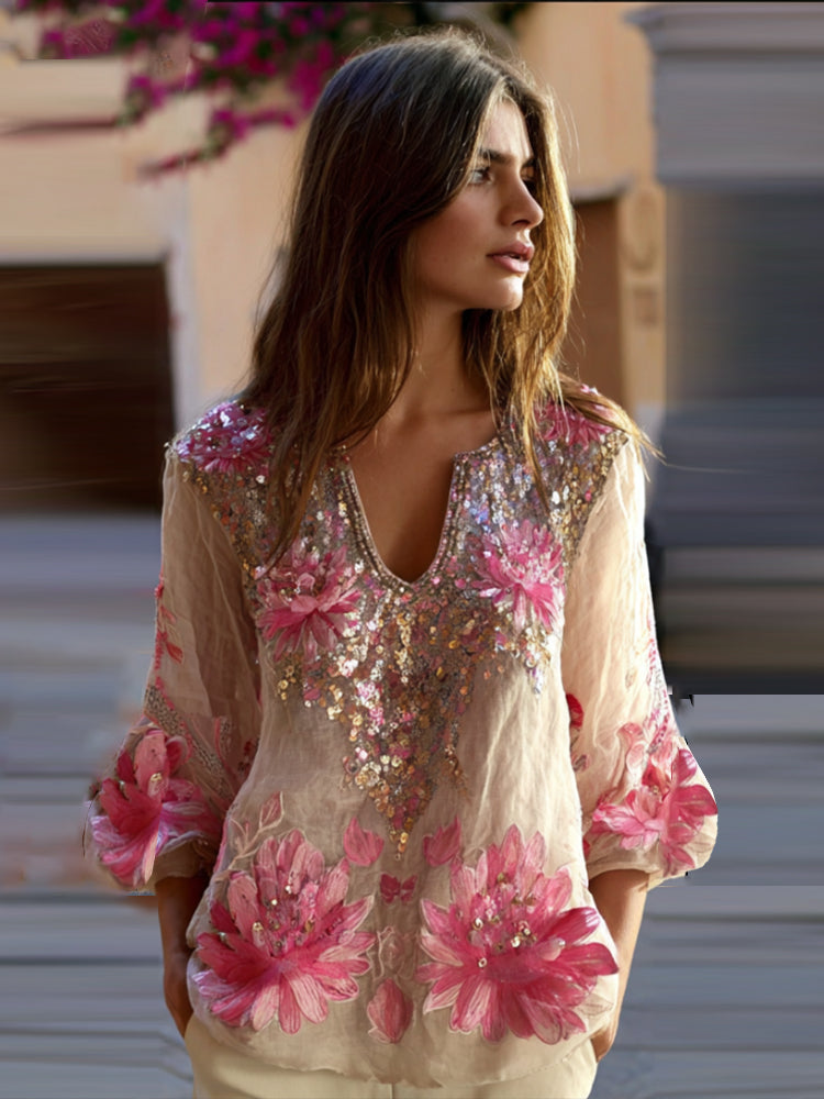 Bohemian-style Pink Blossoming Lotus With Sequins, Light And Thin, Nostalgic Feel, Long-sleeved V-neck Top elevenforest