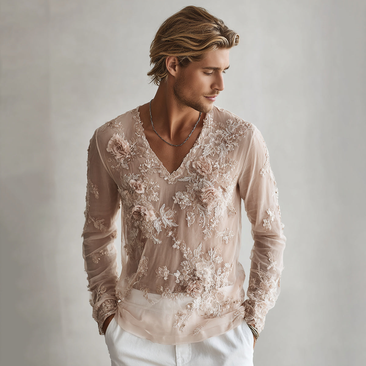 Men's Retro Floral Embroidered Comfy Linen V Neck Shirt elevenforest